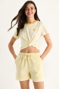 Bianco Lucci Women's Elastic Waist Pocket Detailed High Waist Tasseled Short Linen Shorts YP5322