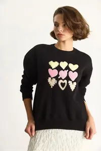 Bianco Lucci Women's Crew Neck Heart Embroidered Rose Gold Three Thread Sweatshirt 6875 - Image 4