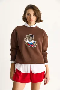 Bianco Lucci Women's Teddy Embroidered Crew Neck Loose Sweatshirt 61004 - Image 2