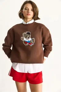 Bianco Lucci Women's Teddy Embroidered Crew Neck Loose Sweatshirt 61004 - Image 4