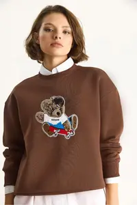 Bianco Lucci Women's Teddy Embroidered Crew Neck Loose Sweatshirt 61004 - Image 5