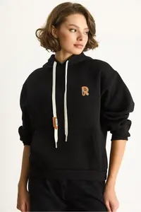Bianco Lucci Women's Embroidered Kangaroo Pocket Hooded Loose Sweatshirt 6872 - Image 2