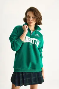 Bianco Lucci Women's Embroidered Half Zipper Polo Shirt Neck Ruffled Oversized Sweatshirt 10002 - Image 3
