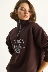 Bianco Lucci Women's London Embroidered Stand Collar Zipper Detailed Raised Oversized Sweatshirt 10003 - Image 5