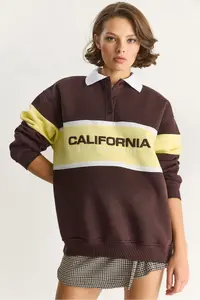 Bianco Lucci Women's Polo Shirt Collar Buttoned California Written Embroidery Detailed Oversized Women's Sweatshirt 10009