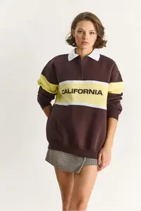 Bianco Lucci Women's Polo Shirt Collar Buttoned California Written Embroidery Detailed Oversized Women's Sweatshirt 10009 - Image 2