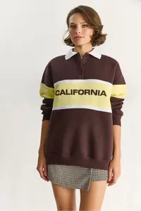 Bianco Lucci Women's Polo Shirt Collar Buttoned California Written Embroidery Detailed Oversized Women's Sweatshirt 10009 - Image 3