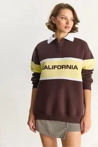 Bianco Lucci Women's Polo Shirt Collar Buttoned California Written Embroidery Detailed Oversized Women's Sweatshirt 10009 - Image 4