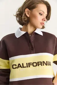 Bianco Lucci Women's Polo Shirt Collar Buttoned California Written Embroidery Detailed Oversized Women's Sweatshirt 10009 - Image 5