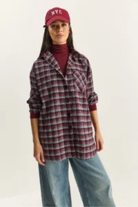 Bianco Lucci Women's Single Pocket Detailed Oversize Plaid Shirt 513 - Image 2
