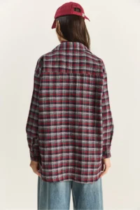 Bianco Lucci Women's Single Pocket Detailed Oversize Plaid Shirt 513 - Image 6