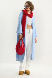 Bianco Lucci Women's Shawl Collar Soft Textured Bearded Long Knitwear Soft Cardigan