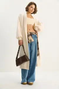 Bianco Lucci Women's Shawl Collar Soft Textured Bearded Long Knitwear Soft Cardigan