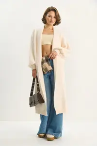 Bianco Lucci Women's Shawl Collar Soft Textured Bearded Long Knitwear Soft Cardigan - Image 3