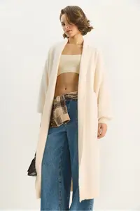 Bianco Lucci Women's Shawl Collar Soft Textured Bearded Long Knitwear Soft Cardigan - Image 4