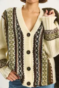 Bianco Lucci Women's Ethnic Patterned Oversize V-Neck Buttoned Thick Knitwear Cardigan 5057 - Image 6