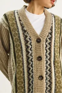 Bianco Lucci Women's Ethnic Patterned Oversize V-Neck Buttoned Thick Knitwear Cardigan 5057 - Image 5
