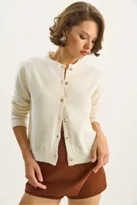 Bianco Lucci Women's Crew Neck Sequin Detailed Gilded Regular Knitwear Cardigan 4960 - Image 4