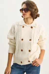 Bianco Lucci Women's Shirt Collar Double Breasted Closed Hair Knitted Soft Textured Cardigan - Image 2