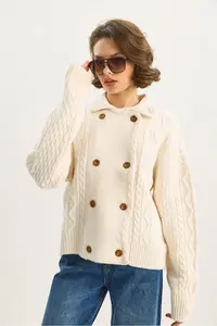 Bianco Lucci Women's Shirt Collar Double Breasted Closed Hair Knitted Soft Textured Cardigan - Image 3
