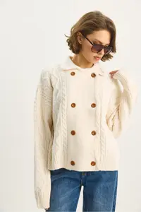 Bianco Lucci Women's Shirt Collar Double Breasted Closed Hair Knitted Soft Textured Cardigan - Image 4