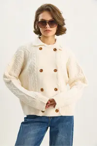Bianco Lucci Women's Shirt Collar Double Breasted Closed Hair Knitted Soft Textured Cardigan - Image 5