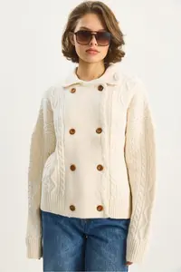 Bianco Lucci Women's Shirt Collar Double Breasted Closed Hair Knitted Soft Textured Cardigan - Image 6