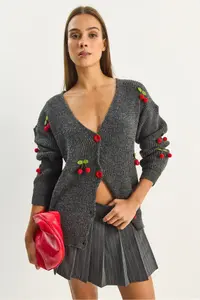 Bianco Lucci Women V-neck Cherry with accessories Knitwear Cardigan - Image 2