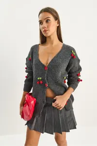 Bianco Lucci Women V-neck Cherry with accessories Knitwear Cardigan - Image 3