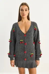 Bianco Lucci Women V-neck Cherry with accessories Knitwear Cardigan - Image 4