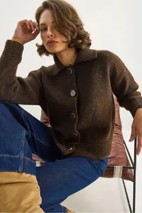 Bianco Lucci Women's Polo Collar Soft Textured Buttoned Knitwear Cardigan 5086