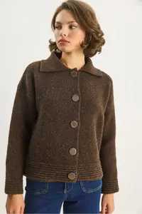 Bianco Lucci Women's Polo Collar Soft Textured Buttoned Knitwear Cardigan 5086 - Image 4
