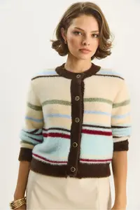 Bianco Lucci Women's Very Soft Textured Striped Knitwear Cardigan 2499