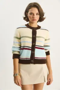 Bianco Lucci Women's Very Soft Textured Striped Knitwear Cardigan 2499 - Image 2