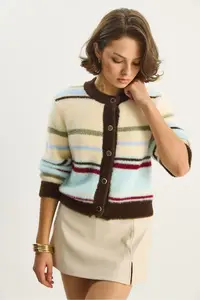 Bianco Lucci Women's Very Soft Textured Striped Knitwear Cardigan 2499 - Image 3