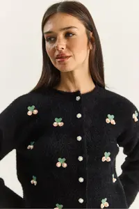 Bianco Lucci Women's Soft Textured Cherry Embroidered Pearl Accessory Knitwear Cardigan
