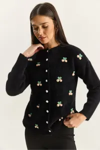 Bianco Lucci Women's Soft Textured Cherry Embroidered Pearl Accessory Knitwear Cardigan - Image 3