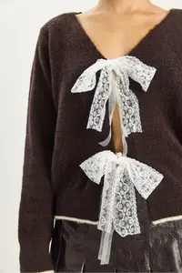 Bianco Lucci Women's V-Neck Bow Accessory Closure Knitwear Cardigan 9056 - Image 5