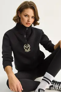 Bianco Lucci Women's High Collar Half Zipper Crop Sweatshirt with Fleece Inside 1808