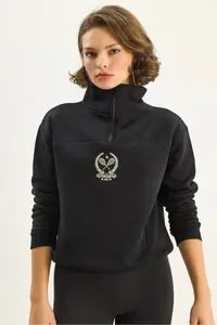 Bianco Lucci Women's High Collar Half Zipper Crop Sweatshirt with Fleece Inside 1808 - Image 2