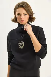 Bianco Lucci Women's High Collar Half Zipper Crop Sweatshirt with Fleece Inside 1808 - Image 3