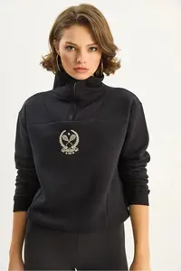 Bianco Lucci Women's High Collar Half Zipper Crop Sweatshirt with Fleece Inside 1808 - Image 5