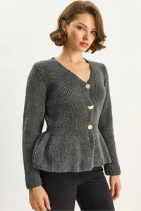 Bianco Lucci Women's 3-Button, Waist-Fit, Pleated Cardigan