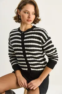 Bianco Lucci Women's Striped Hair Knitted Basic Knitwear Cardigan 2504 - Image 2