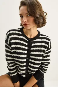 Bianco Lucci Women's Striped Hair Knitted Basic Knitwear Cardigan 2504 - Image 5