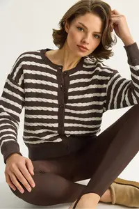 Bianco Lucci Women's Striped Hair Knitted Basic Knitwear Cardigan 2504
