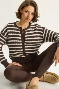 Bianco Lucci Women's Striped Hair Knitted Basic Knitwear Cardigan 2504 - Image 2