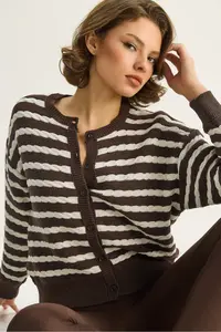 Bianco Lucci Women's Striped Hair Knitted Basic Knitwear Cardigan 2504 - Image 3