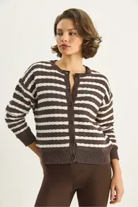 Bianco Lucci Women's Striped Hair Knitted Basic Knitwear Cardigan 2504 - Image 4