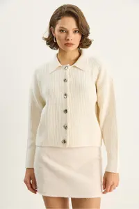 Bianco Lucci Women's Shirt Collar Button Detailed Knitted Knitwear Cardigan - Image 5